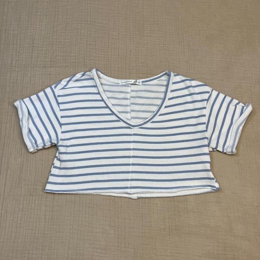 Altar'd State “Sylvie” blue and white striped cropped top knit tee with v-neck,